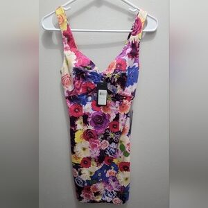 Guess Strapless Dress with Floral Print - Pink, Blue, Yellow